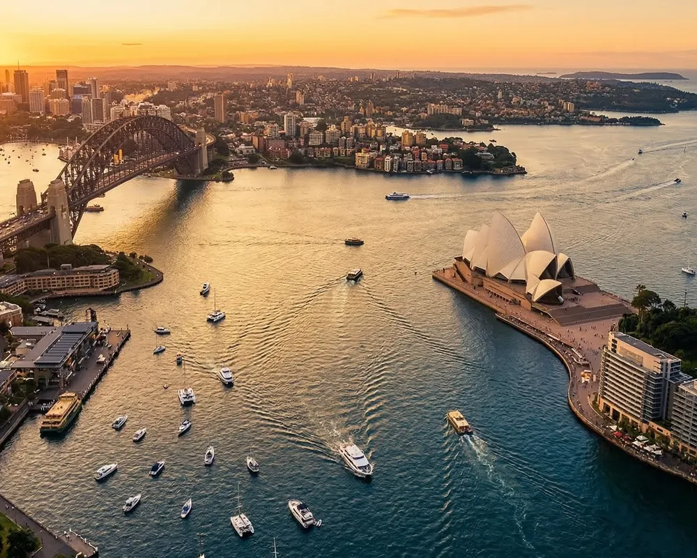 Sydney harbour at sunrise with the Opera House and Harbour Bridge.